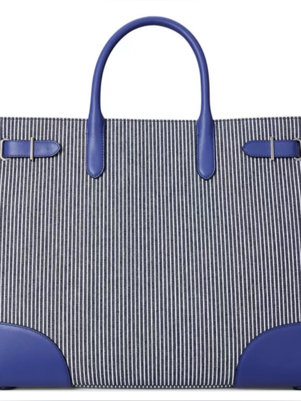 Lauren Ralph Lauren Striped Canvas Tote with Royal Blue Leather Trim
